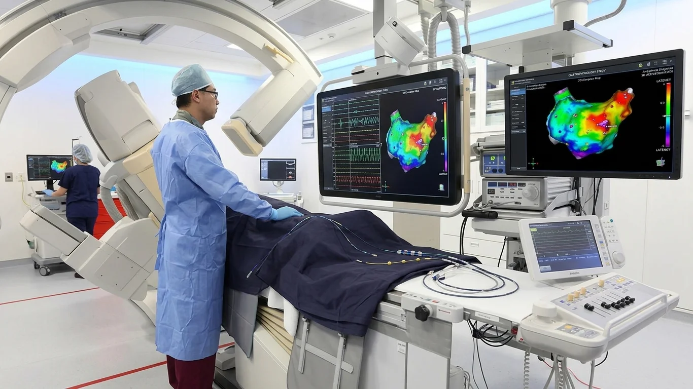 Ilustrasi 3D clay pastel prosedur Electrophysiology Study EPS dengan kateter elektrod memetakan aktiviti elektrik jantung untuk diagnosis aritmia